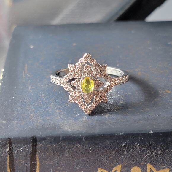 Ornate Rhodium-Plated Size 9 Ring with Yellow Gemstone and Intricate Detailing - Picture 4 of 15